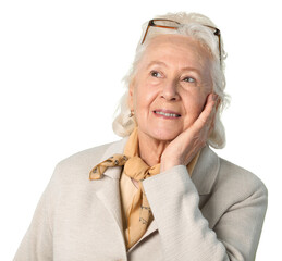 Portrait of smiling old woman with glasses, isolated
