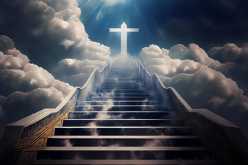 The stairway to the Kingdom of Heaven which leads to salvation and paradise with God with a cross showing the way, computer Generative AI stock illustration image - obrazy, fototapety, plakaty
