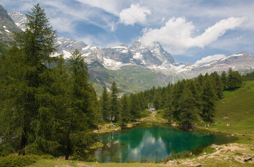 Wonderful view of Matterhorn mount with Blue lake in Aosta Valley, Italy