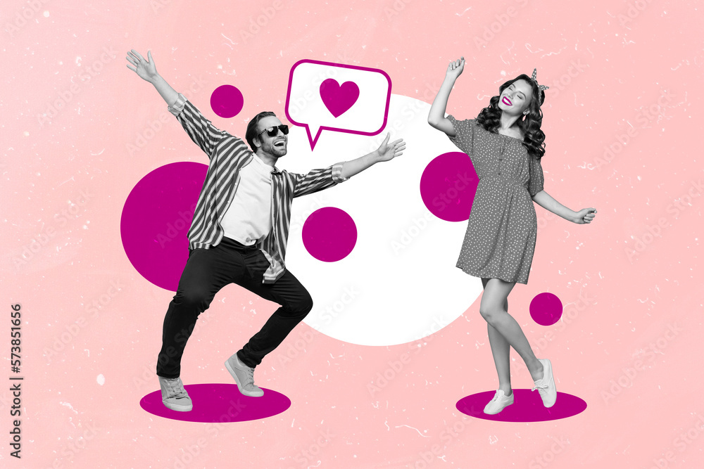 Canvas Prints Creative photo collage banner of two young people lovers dancing together sympathy concept discotheque first meeting isolated on pink background