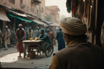 Indian streets with people wearing turbans 