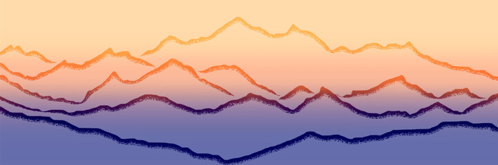 Sunrise in the mountains, stylized landscape, panoramic view, vector illustration