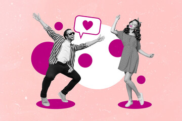 Creative photo collage banner of two young people lovers dancing together sympathy concept discotheque first meeting isolated on pink background