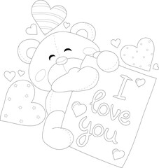 Cute cartoon teddy bear with hearts and note sketch template. Valentines day graphic vector illustration in black and white for games, background, pattern, decor. Cildrens story book, coloring paper
