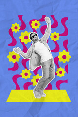 Composite vertical artwork painted collage of young energetic funky relaxed guy dancing bloom...