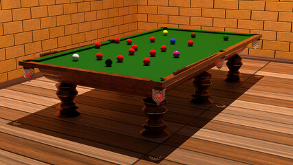 Billiard table with balls and cue. The 3d models in the image were made using the blender program, render cycles.