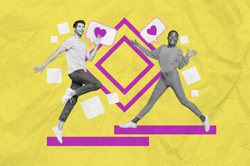 Creative collage design photo of two young people lovers enjoy spend time together jumping heart symbol anniversary isolated on yellow background