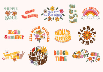 Colorful set of summer vibes Inspirational quotes and doodles in 70s retro design. Pop art style floral and beach graphics for T-shirts, posters, cards and stickers.