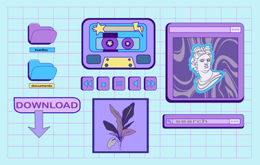 Cute Retro Vaporwave Desktop with Message. retro browser computer window in 90s vaporwave with geek stickers. Y2k aesthetic background for social media, with pc message box.  Illustration of UI and UX