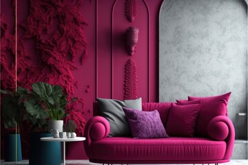 Livingroom in viva magenta generative ai interior scene 