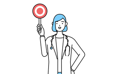 正解を示すマルの棒を持つ白衣を着た女性医師