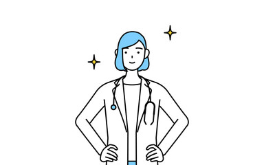 両手を腰に当てた白衣を着た女性医師