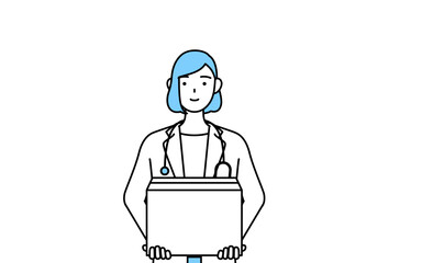 段ボールを運ぶ作業をする白衣を着た女性医師