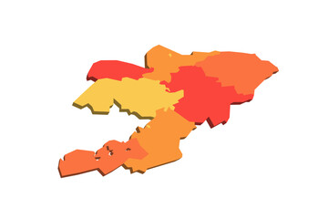 Kyrgyzstan political map of administrative divisions - regions and independent cities of Bishkek and Osh. 3D map in shades of orange color.
