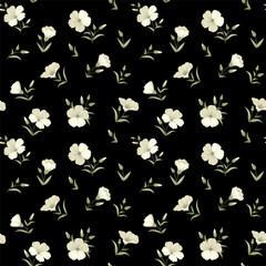 Seamless pattern linen flowers. Vector illustration floral plant on a black background.