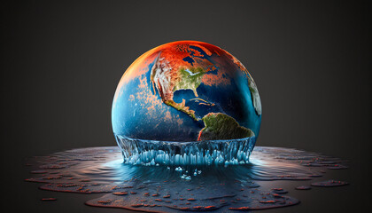 Melting earth dripping oceans and seas, global warming concept, Generative AI