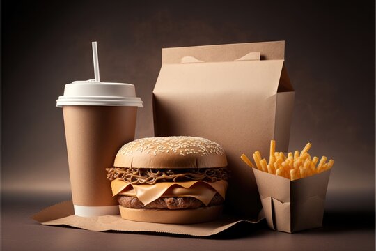 Delivery food background. Fast food eco packaging with tasty hamburgers, french fries, paper coffee cup generative ai Recycling concept. 