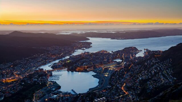 Night Norway city illumination sunset, Bergen skyline timelapse