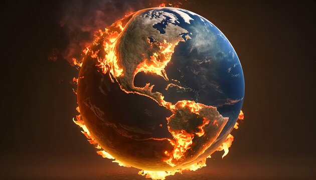 Planet earth Armageddon, land covered with fire and flames, Generative AI