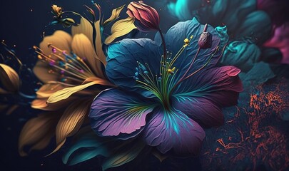  a painting of a flower on a black background with a blue and purple flower.  generative ai