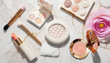  a marble table topped with makeup and a pink flower next to it.  generative ai