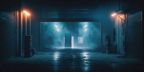 ultra-wide empty dark scene of a smokey dark empty street alley in the light of neon and spotlights with smoke float up generative ai illustration