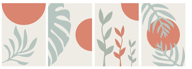 Fototapeta na wymiar collection of modern simple minimalistic posters with color silhouettes of plants (monstera) and palm trees with geometric shapes (red circles) on a beige background in pastel shades