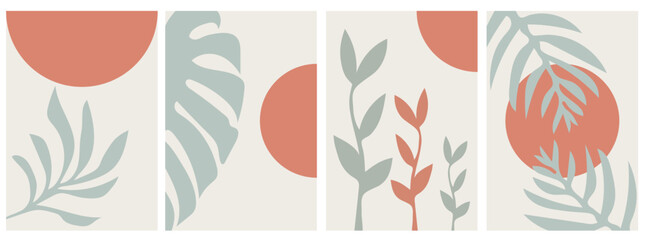 collection of modern simple minimalistic posters with color silhouettes of plants (monstera) and palm trees with geometric shapes (red circles) on a beige background in pastel shades
