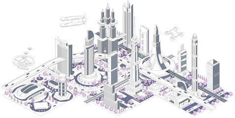 ブロックのように組み合わせれば大きな未来都市になる街並みイラスト「ブロックタウン未来都市B 」バリエーションあり