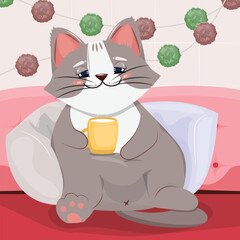 Cat drinking warm milk on the couch. .