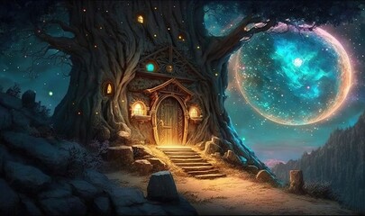  a fantasy scene with a tree house in the middle of the night.  generative ai
