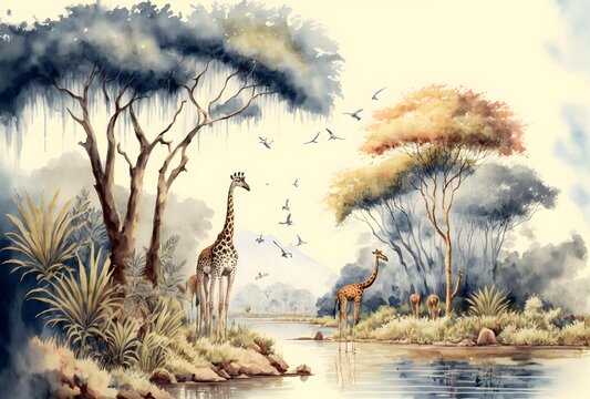 Watercolor painting style, high quality digital art, landscape on an African tropical forest with trees next to a river with giraffes and birds