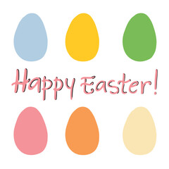 Happy easter greeting card with colored eggs isolated on white background. Hand drawn vector flat doodle cartoon illustration. Pink, yellow, orange, blue, green, beige, pastel colors.