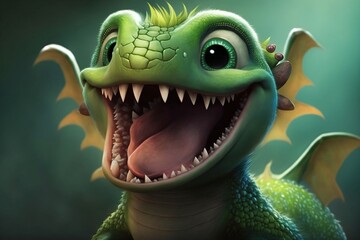 cute green baby dragon with open mouth smiling, generative ai