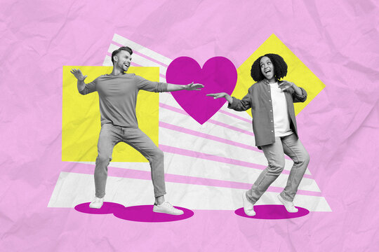 Creative collage photo illustration of positive good mood couple guy girl dancing together on valentine day isolated on painted background