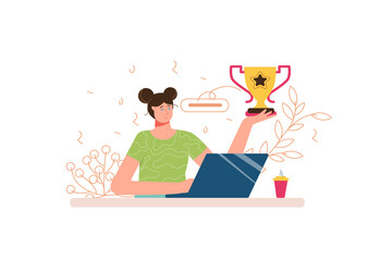 Business award color concept with people scene in the flat cartoon design. Business woman is happy that her business idea has achieved great success.