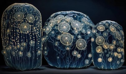  a group of jellyfish sculptures sitting next to each other.  generative ai