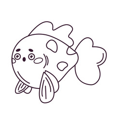 Vector spotted cartoon fish in the doodle style - children's picture for coloring. Marine animals and oceanic fish. Vector linear illustration in a hand-drawn style. Outline
