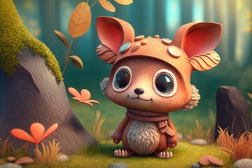 a cute adorable character  stands in nature in the style of children-friendly cartoon animation fantasy generative ai 3D style Illustration 	