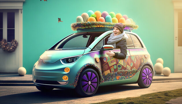 Frau liefert Ostereier mit dem Elektroauto aus, Generative AI