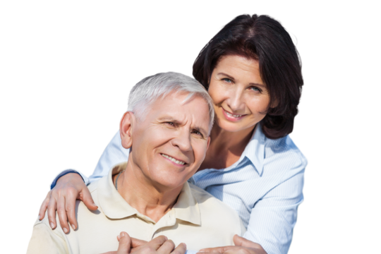 Happy old woman embracing smiling old husband