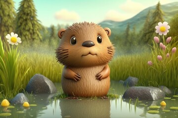 a cute adorable beaver character  stands in nature in the style of children-friendly cartoon animation fantasy generative ai 3D style Illustration 	 - obrazy, fototapety, plakaty