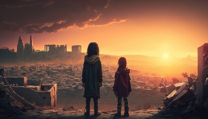 Fototapeta premium Children look down from the mountain at the devastation after the earthquake in Turkey, Syria Generative Ai