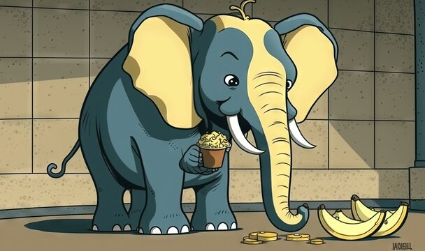  a cartoon elephant eating a cup of ice cream next to a banana.  generative ai