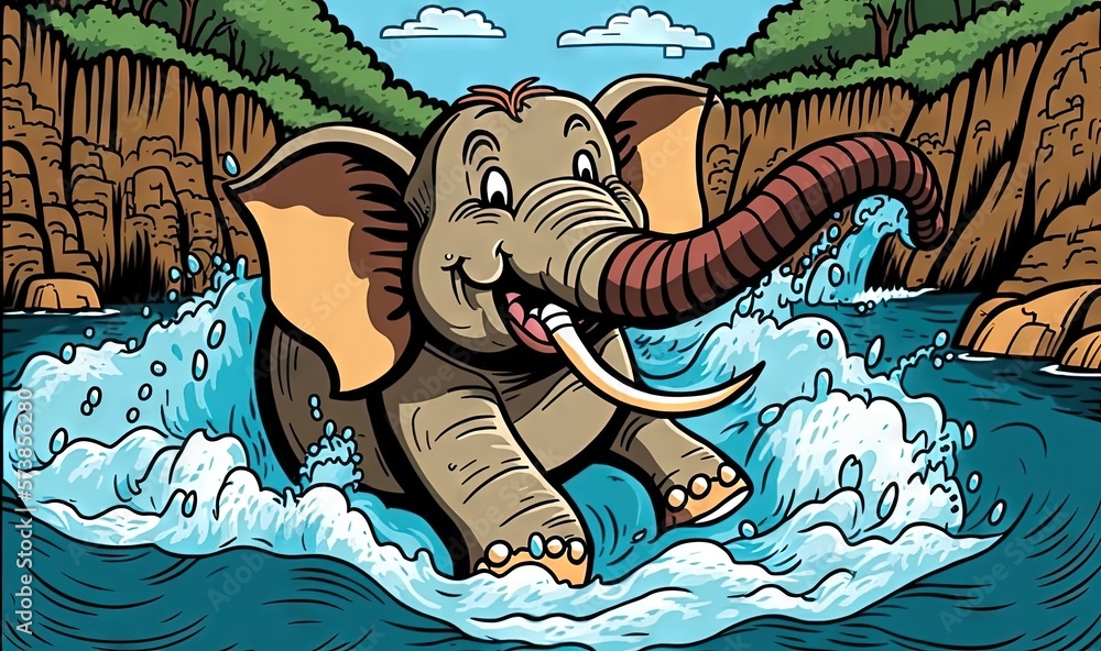 Aufkleber an elephant is running through a body of water with a mountain in the background. generative ai