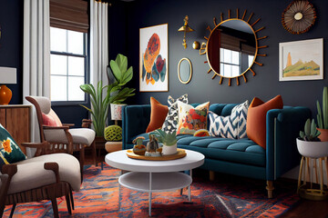 Interior design of a unique living room with cozy sofas, colorful pillows, colorful armchairs, and textured rug | Bold and colorful living room with bright furniture | Generative Ai