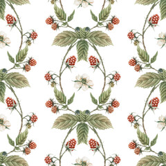 Raspberry seamless pattern. Watercolor red berry background.