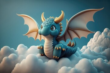 Fototapeta premium a cute adorable baby dragon character in clouds in the style of children-friendly cartoon animation fantasy generative ai 3D style Illustration 