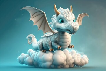 a cute adorable baby dragon character  in clouds in the style of children-friendly cartoon animation fantasy generative ai 3D style Illustration 	