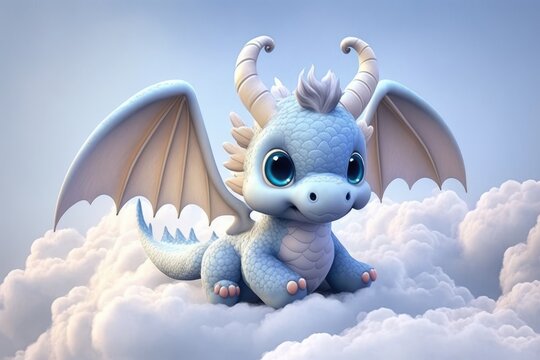 a cute adorable baby dragon character  in clouds in the style of children-friendly cartoon animation fantasy generative ai 3D style Illustration 	